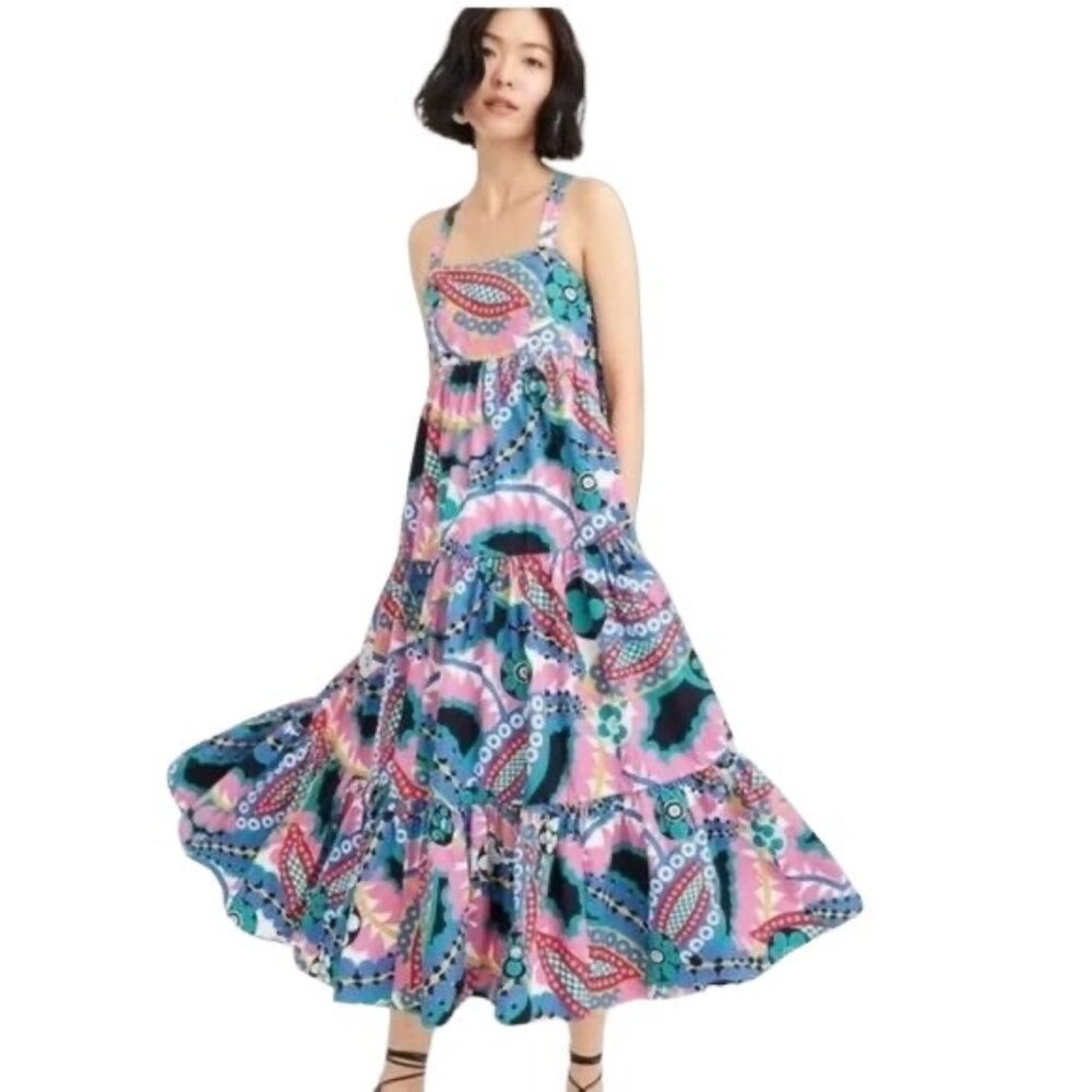 J Crew Womens Colorful Ratti Kaleidoscope Tiered Maxi Apron Dress Size 0